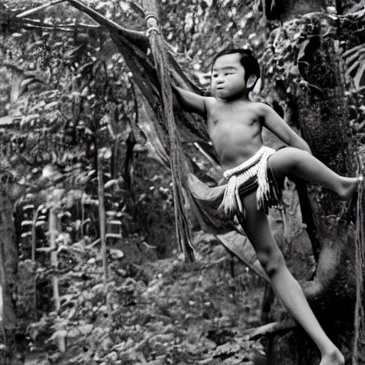 Prompt: A photograph of a young boy swinging from a lian wearing a Loincloth, ragged shirt in a rain forest