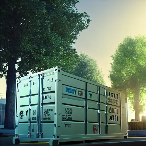 Image similar to photo of glowing sci fi container powering a modern peaceful hospital in a pleasant urban setting with trees, day - time, sun overhead, award - winning, high res, 4 k, artstation