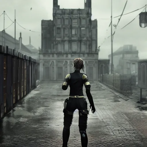 Image similar to annie leonhart in dunwall city wearing recon corps uniform running on a gothic house roof, redshift render, cinematic lighting, rainy weather, melancholy atmosphere, dunwall city, volumetric light, octane render, dishonored game, dishonored 1, gothic architecture, realistic reflections, octane render 8 k