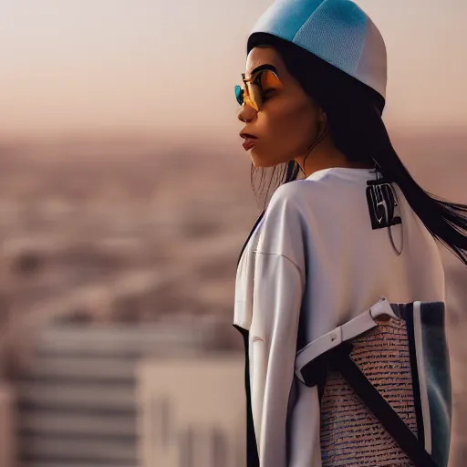 Image similar to photographic portrait of a streetwear woman, closeup, on the rooftop of a futuristic city overlooking a desert oasis, sigma 85mm f/1.4, 4k, depth of field, high resolution, 4k, 8k, hd, full color