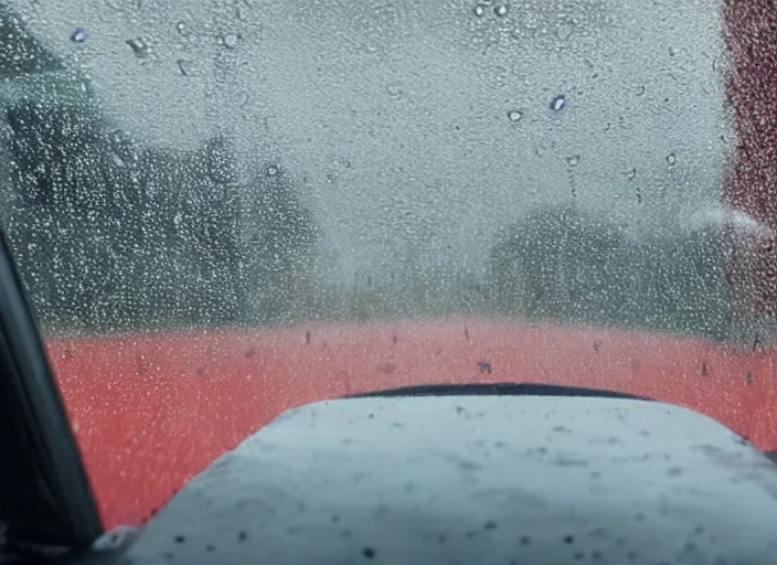 Image similar to A very high resolution image from a new movie, inside of a car, red hair woman, raining, hot, directed by wes anderson