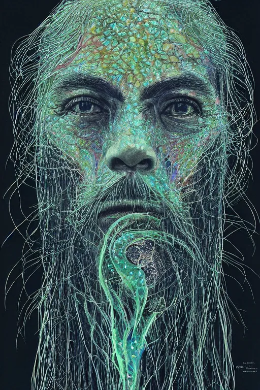 Image similar to beautiful dark portrait of one Bioluminescent old shaman, with cracked fractal semi-transparent skin. multicolored fish scales, closeup. long dark hair with insects and plant leaves. at night, realistic. intricate, very detailed, by alex grey and Moebius