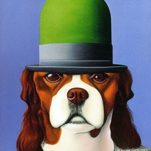 Image similar to a rene magritte painting of a dog wearing a hat, award winning painting, detailed, surreal, symmetrical, clean, smooth, aesthetic