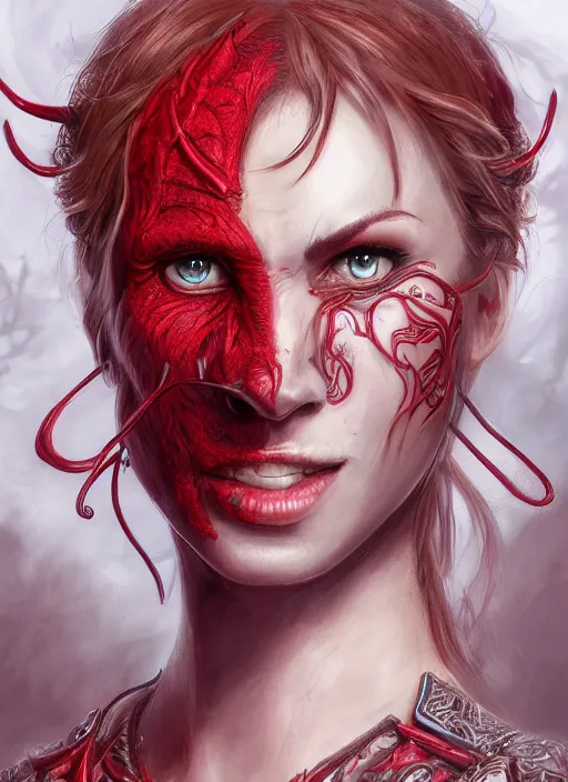 Image similar to red skin, Tiefling , smiling, beautiful detailed eyes, cute, fantasy, intricate, elegant, highly detailed, digital painting, 4k, HDR, concept art, detailed jewelry, smooth, sharp focus, illustration, by Wayne Reynolds