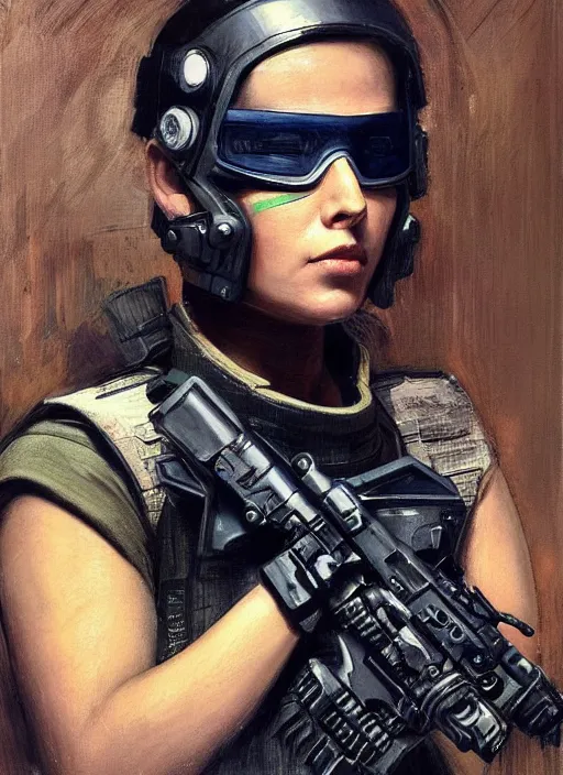 Image similar to Sgt. Maria Hernandez. cyberpunk female USN marine wearing a military vest and powerful military cyberpunk exo-suit (cyberpunk 2077, bladerunner 2049). gorgeous face. Iranian orientalist portrait by john william waterhouse and Edwin Longsden Long and Theodore Ralli and Nasreddine Dinet, oil on canvas. Cinematic, hyper realism, realistic proportions, dramatic lighting, high detail 4k