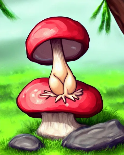 Image similar to digital illustration of a cute mushroom creature, thicc, sitting on a rock in a forest, | | epic - fine - clean, polished, trending on artstation, anime style, brush strokes