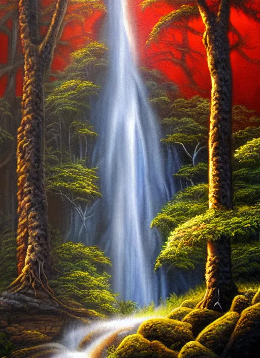 Image similar to a painting of a waterfall in a forest, an airbrush painting by terry redlin, deviantart, metaphysical painting, airbrush art, detailed painting, oil on canvas