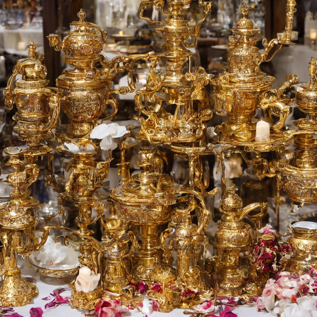 Prompt: mid-distance slight overhead product view of ornate Russian samovar on a table with candles, fruit and flower arrangements, photorealism, metal reflections, DSLR, 20mm lens, professional photography, elite, luxury, five-star, Michelin, photographic, CG Society, deep focus, extreme detail, razor sharp