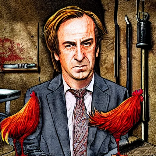 Image similar to saul goodman and a rooster in a medieval torture chamber, saw blades and knives in the background, horror movie, saul goodman, rooster, real life photo, detailed face
