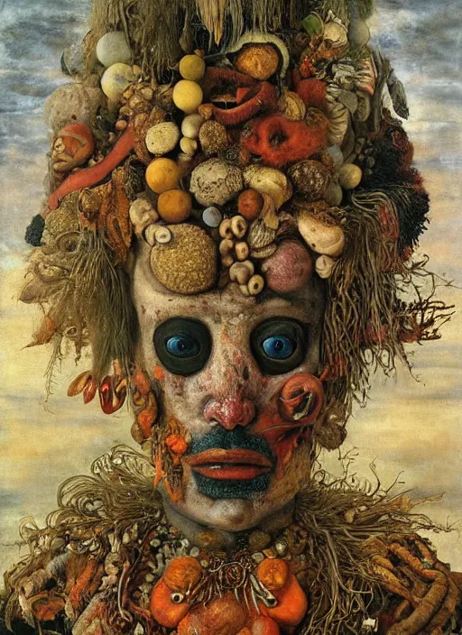 Prompt: a surreal painting of a ocean shaman's face, by Giuseppe Arcimboldo, symbolist, soft colors, dramatic lighting, smooth, sharp focus, extremely detailed, aesthetically pleasing composition