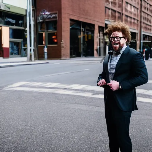 Image similar to seth rogan on a street wearing a suit, laughing, portrait, realistic, city street, detailed, depth of field, sharp focus