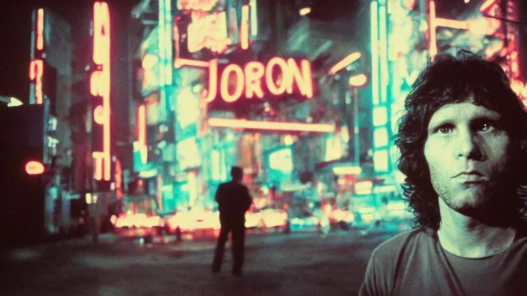 Prompt: portrait of Jim Morrison in a cyberpunk cityscape with neon lights, Cinestill 800t film photo