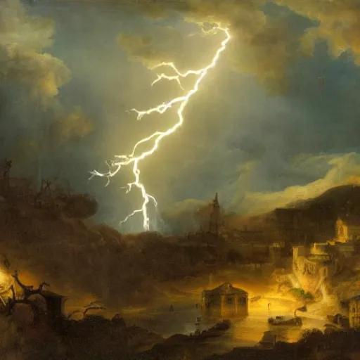 Prompt: a sky god casting lightning down upon a village