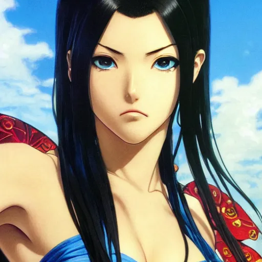 Image similar to highly detailed vfx portrait of nico robin by eiichiro oda!, makoto shinkai, alphonse mucha, sharp focus, art by artgerm and greg rutkowski!, backlit, harsh overhead sunlight, blue eyes!!, large aquiline nose!!, stanley kybric, kaoru mori, shadows, best of behance,