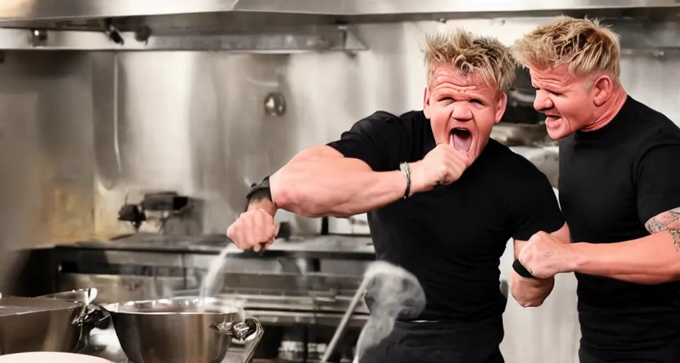 Image similar to photo of angry furious Gordon Ramsay punching Gordon Ramsay at the kitchen