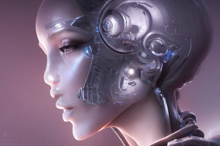 Prompt: ultra realistic, beautiful cyborg woman, eyes closed, sci-fi, fantasy, mythical, intricate, elegant, highly detailed, digital painting, octane render, substance painter, zbrush, artstation, concept art, smooth, sharp focus, eerie, illustration, 8k, HD, art by artgerm and greg rutkowski and raphael