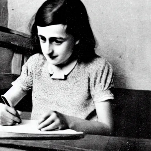 Image similar to Photograph of Anne frank writing in her diary in the attic