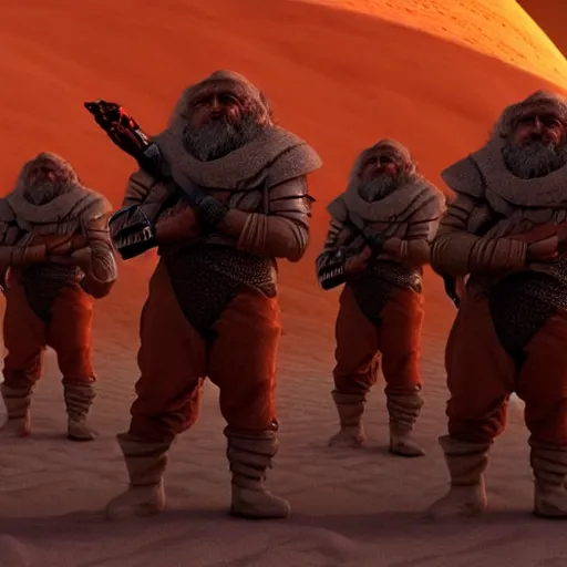 Image similar to sardaukar dwarves on Arrakis, full contact epic training fully armed, photorealistic hight detail HDR cinematic scene from the Dune movie by denis villeneuve