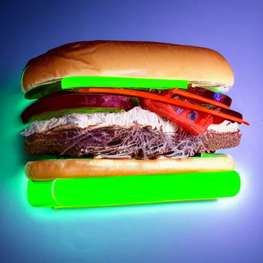 Image similar to an extremely high quality photo of a surreal neon-lightsaber-sandwich, ((sandwich)) creation, a hybrid mixture of lightsabersandwich filled with lightsaber neons and sandwichlightsaberneontube patties, neon tubesauce drizzled, lightsaber lettuce, glowing sandwich, promotional photo, 4k polymer clay food photography