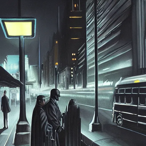 Prompt: dark city bus stop, by alex ross, comic cover,very detailed,ArtStation