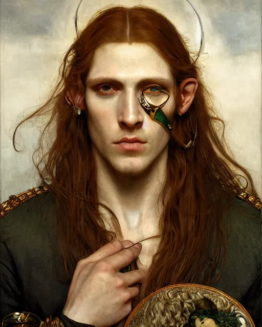 Prompt: a detailed symmetrical portrait of a sexy elven man with long red hair and green eyes wearing eye patch, art by edgar maxence and caravaggio and michael whelan and delacroix style, artistic, intricate drawing, light brazen, realistic fantasy, extremely detailed and beautiful aesthetic face, 8 k resolution, dramatic lighting