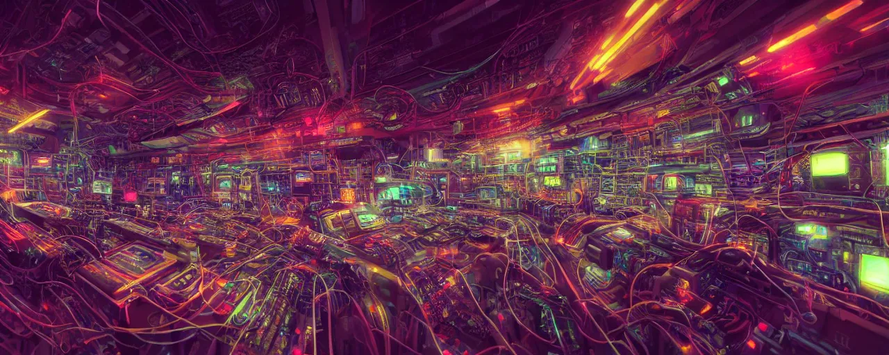 Prompt: ” inside a massive computer, [ circuits, neon lights, cables, wires, tubes, cinematic, detailed, epic, widescreen, opening, establishing, mattepainting, photorealistic, realistic textures, octane render, art by paul lehr ] ”