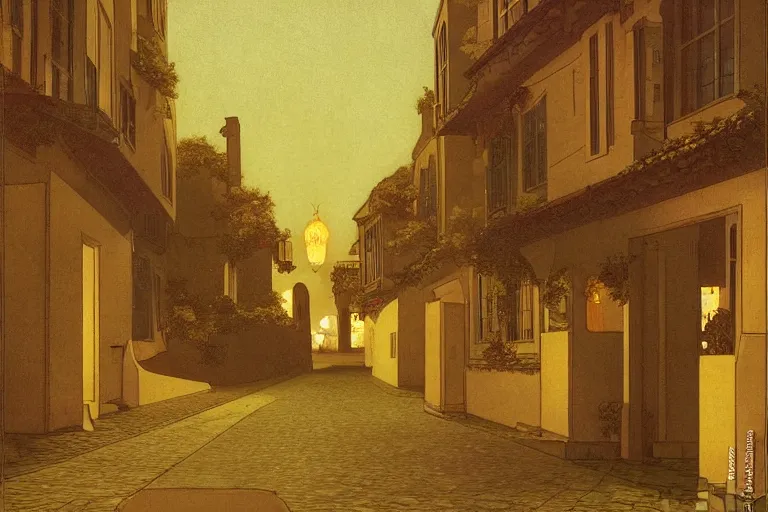 Image similar to winding street at midnight in a very old very beautiful city by George Price Boyce and Maxfield Parrish, glowing paper lanterns, strong dramatic cinematic lighting , ornate tiled architecture, lost civilizations, smooth, sharp focus, extremely detailed