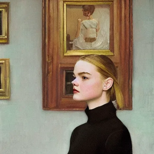 Prompt: Elle Fanning at night, stormy weather, extremely detailed masterpiece, oil on canvas, by Norman Rockwell and Edward Hopper,