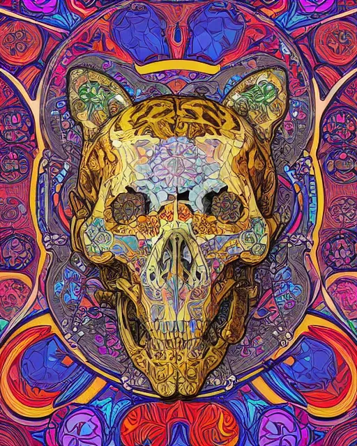 Prompt: Tiger skull art surrounded by varities of flowers, cell shading, voronoi, fibonacci sequence, sacred geometry by Alphonse Mucha, Moebius, hiroshi yoshida, Art Nouveau, colorful, ultradetailed, vivid colour, 3d