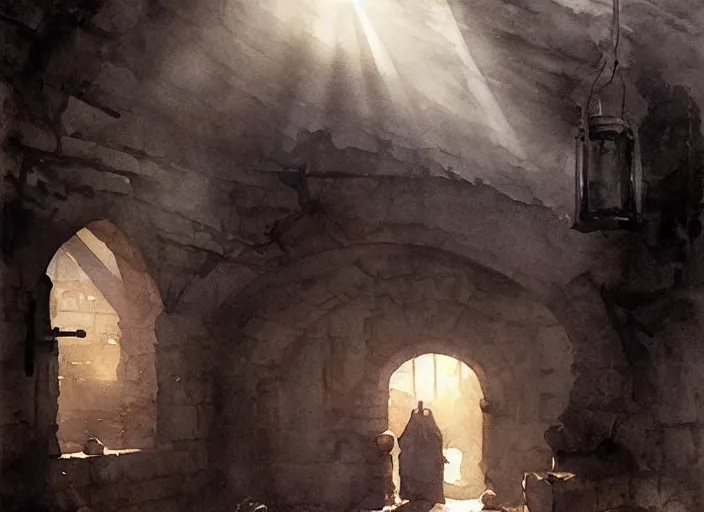 Image similar to watercolor painting of dark ruin cellar, stone walls, lantern, very beautiful ambient lighting, sun rays, dust, art by anders zorn, wonderful masterpiece by greg rutkowski, cinematic light, american romanticism by greg manchess, creation by tyler edlin