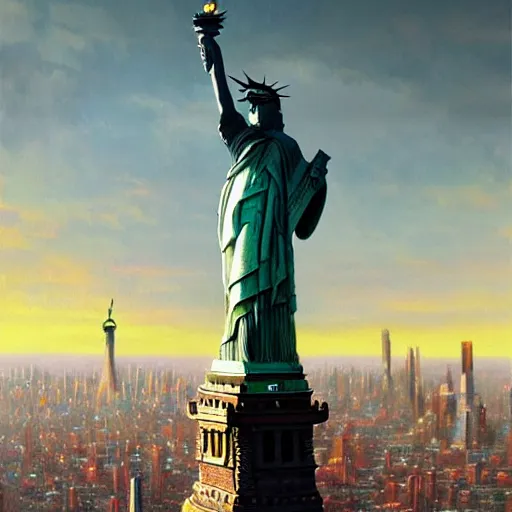 Image similar to a hyper realistic painting of a human with an eagle head, standing on the statue of liberty, watching the colorful city with highly detailed skyline, sunset, majestic, wonderful, fantasy, by Greg Rutkowski, Trending on Artstation, digital art