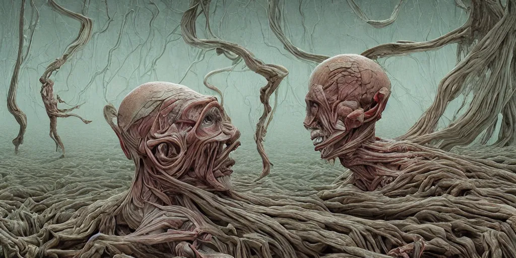 Image similar to skin folded like a blanket, veins, muscle tissue, blue veins underneath the skin, sub surface scattering, body unraveling like a ribbon, surreal, dreamscape, the thing, horror, cosmic horror, junji ito, larry elmore, gediminas pranckevicius, h. r. giger,