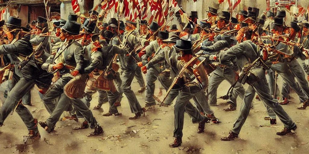 Image similar to detailed painting of the battle of new orleans with dancing soldiers by norman rockwell