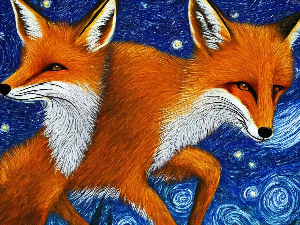 Prompt: a centred zoomed out painting of a fox in the style of Starry Night, highly detailed