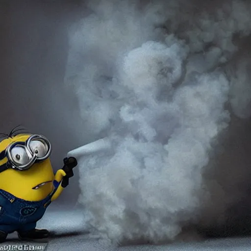 Prompt: A minion smoking from a crack pipe, Gottfried Helnwein, award-winning photograph, beautiful, stunning, cinematic