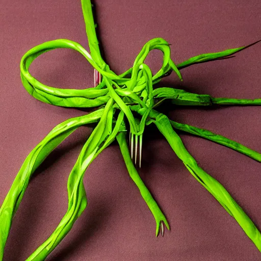 Image similar to studio photograph of a thin green vine creature with vine limbs and a pink blooming flower bulb with many sharp teeth