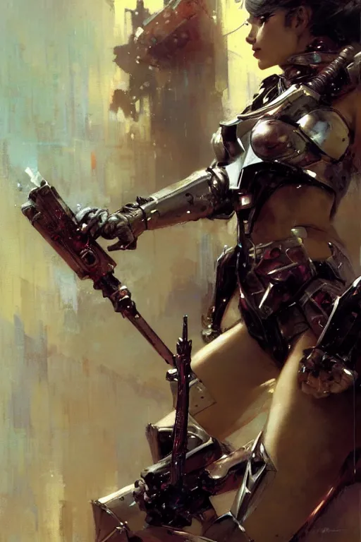 Prompt: futuristic women with medieval armor cyborg fighting dynamic poses, holding a gunsword, detail, beautifull face, no blur, painting by gaston bussiere, craig mullins, greg rutkowski, yoji shinkawa, sorayama