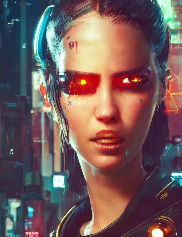 Image similar to close portrait of a young female waitress as cyberpunk 2 0 7 7 concept art, art by ryo shiotani and greg rutkowski, intricate, beautiful, cute, cinematic lighting, vintage art by serge ivanoff, high resolution, very detailed