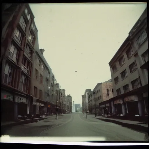 Prompt: low angle wide shot of Night Vale street in the early morning, after rain, lomography, polaroid photo, by Warhol,