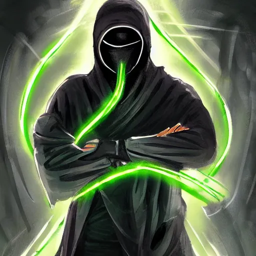 Image similar to concept artwork of a hooded ninja warrior in cyber and dark clothes, neon green lines, trending on artstation, 8 k 3 d full hd, by dan mumford, j. m. w. turner, franz xaver winterhalter