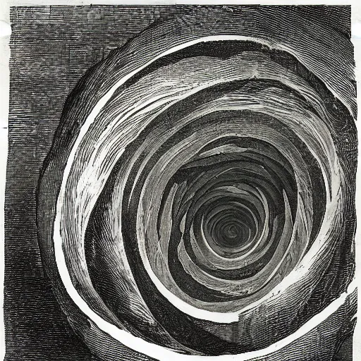 Prompt: Concept art etching of a swirling vortex in a tunnel dark mineshaft by Gustav Doré in Dante's Inferno esophagus -C 12