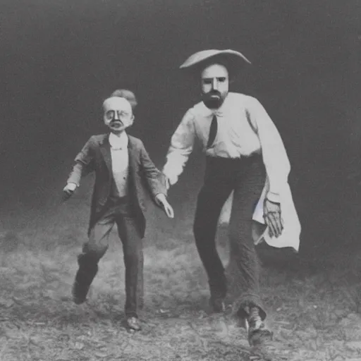 Prompt: 1 9 0 0 s photograph of rick and morty escaping from interdimentional aliens