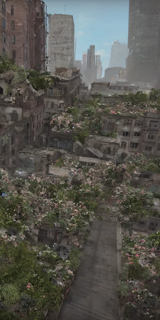 Image similar to a photorealistic city scape of buildings that are old and distressed with flowers growing out of the rubble, render in unreal engine 5,