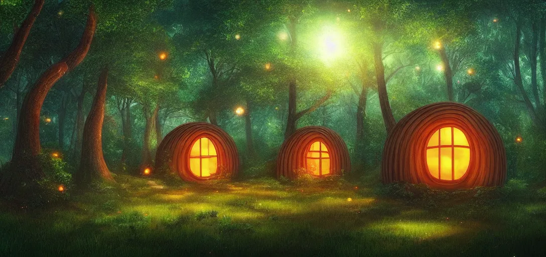 Image similar to beautiful forest, round forest houses with glowing round windows, ray tracing, fireflies, mystical feeling, detailed, digital art