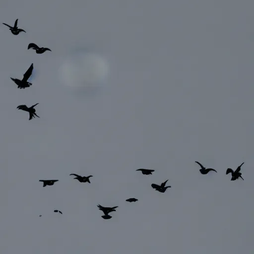 Prompt: crows fly under the moon