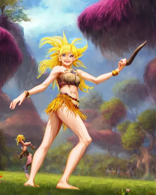 Prompt: concept art of a beautiful blonde cavewoman ayla dancing at the millennial fair from chrono trigger, outdoor fairgrounds, grass, trees, colorful striped pavillions, by stanley artgerm lau, wlop, rossdraws, james jean, andrei riabovitchev, marc simonetti, and sakimichan, tranding on artstation