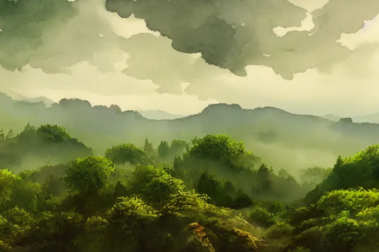 Prompt: a watercolor painting of a beautiful landscape and horizon, verdant forests as far as the eye can see, trending on artstation, 4 k, super high detail