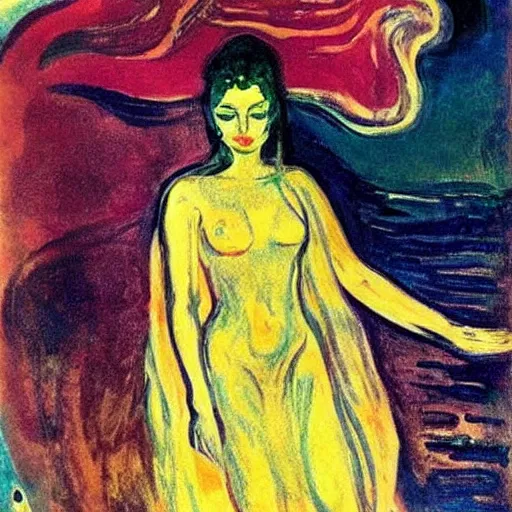 Image similar to queen of the dreamlands, beautiful! coherent! by edvard munch, by frank frazetta, deep colors, strong lines, high contrast