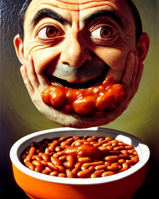 Prompt: portrait of mr bean's face in a bowl full of baked beans, face covered in beans and tomato sauce, baked beans covering his eyes, a pile of baked beans on his head, his mouth wide open and full of baked beans, overflowing with baked beans, muted colors, surrealist oil painting, highly detailed