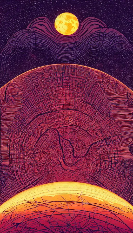 Image similar to harvest copper moon floating on cosmic maelstrom sky at sunset, futurism, dan mumford, victo ngai, kilian eng, da vinci, josan gonzalez